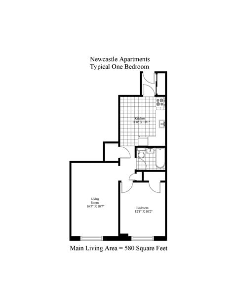 Floor plan for 1 bed, 1 bath, 562 sqft